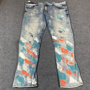 Smoke Rise Jeans Men s42x32 Blue Denim Paint Splatter Distressed Stretch Hip Hop